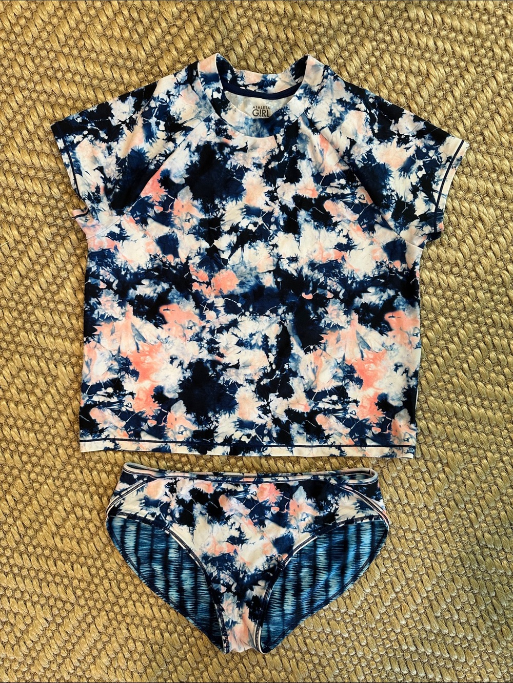 Athleta Girls Navy, White & Coral Tie-Dye Rash Guard Swim Set